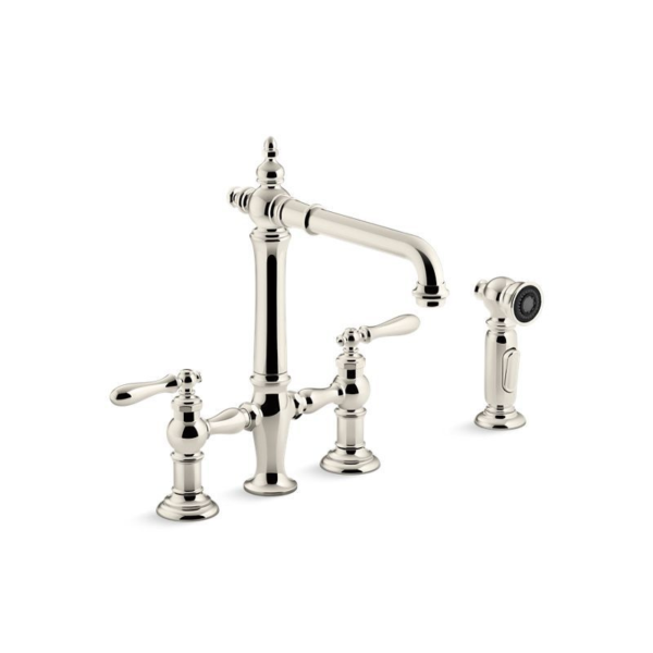 Artifacts Bridge Kitchen Faucet 4-Hole Polished Nickel with Sidespray